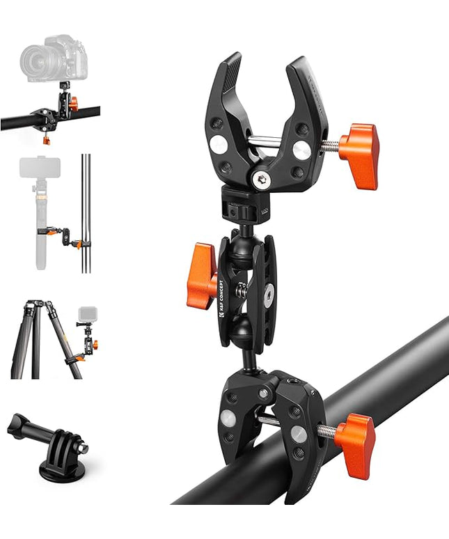 K&F CONCEPT Double Super Clamp Camera Mount with 1/4" Threads Metal Clamp for Chair, Pole, Tripod, Desk, Flag, Umbrella, Motorcycle Mount