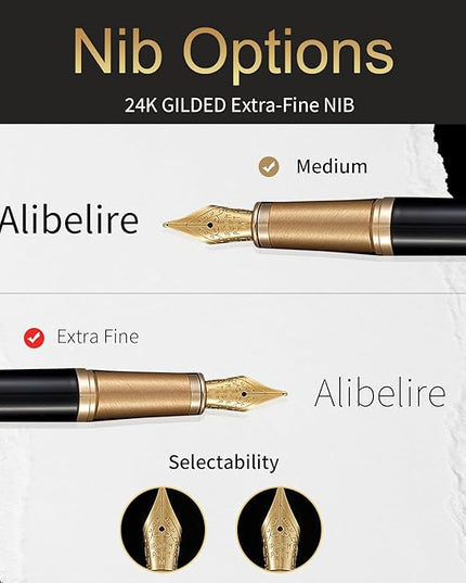 HDDNB Black Luxury Fountain Pen Set for Men and Women with Gift Box, 24K Gold Finish and Gilded Nib(Extra Fine) with 5 Black Ink Cartridges and Converter