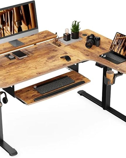 EUREKA ERGONOMIC Standing Desk with Keyboard Tray, Computer Desk, 61" L Shaped Electric Adjustable Height Desk w Monitor Stand LED, Corner Sit Stand Desk Gaming Desk, Dual Motor,Right/Rustic Brown