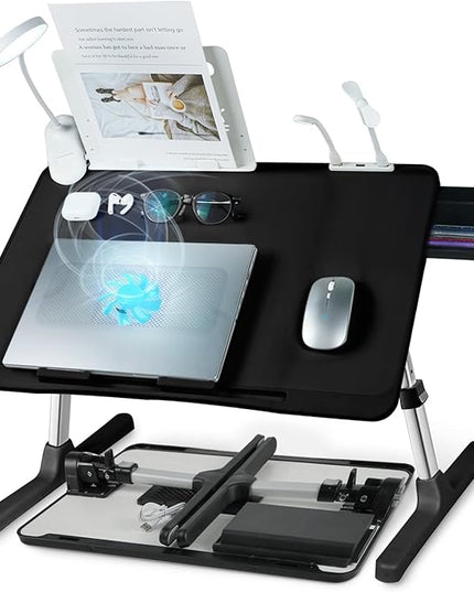 iXTRA Laptop Lap Desk with Cooling Fan - Adjustable with Light, USB, Storage Drawer - Folding Bed Desk,23.62"*15.74",Black