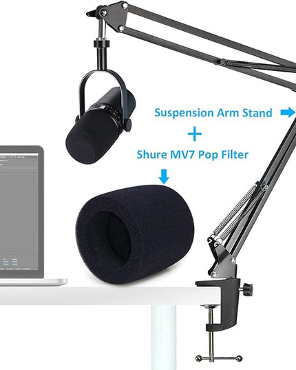 SUNMON MV7 Boom Arm Mic Stand with Pop Filter, Adjustable Suspension Boom Scissor Arm Stand with Pop Filter Compatible with MV7, MV7X adn SM7B Microphone by SUNMON