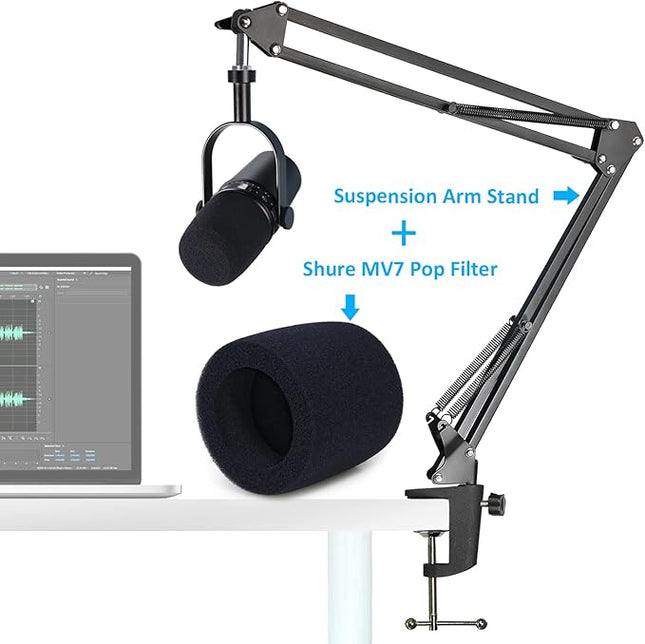 SUNMON MV7 Boom Arm Mic Stand with Pop Filter, Adjustable Suspension Boom Scissor Arm Stand with Pop Filter Compatible with MV7, MV7X adn SM7B Microphone by SUNMON