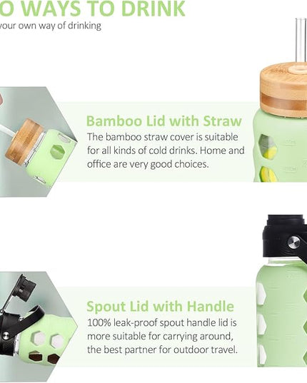 MUKOKO Glass Water Bottles,32oz Glass Tumbler with Straw,Drinking Bottles with 2 Lids-Handle Spout Lid&Bamboo Straw Lid,Motivational Water Bottle with Time Marker and Silicone Sleeve,1 Pack-Mustard