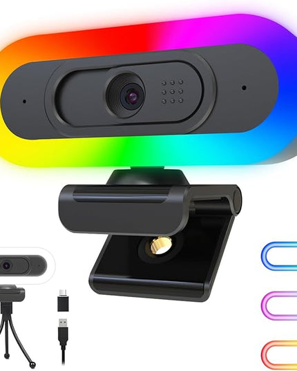 ToLuLu Streaming Webcam 2K 50FPS Web Cam, LED RGB Webcam with Microphone and Light, Autofocus Computer Camera with Cover and Tripod, Plug-Play USB Web cam for PC Desktop/MacBook Gaming Video Calling