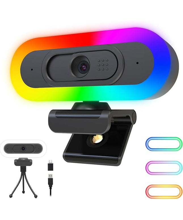 ToLuLu Streaming Webcam 2K 50FPS Web Cam, LED RGB Webcam with Microphone and Light, Autofocus Computer Camera with Cover and Tripod, Plug-Play USB Web cam for PC Desktop/MacBook Gaming Video Calling