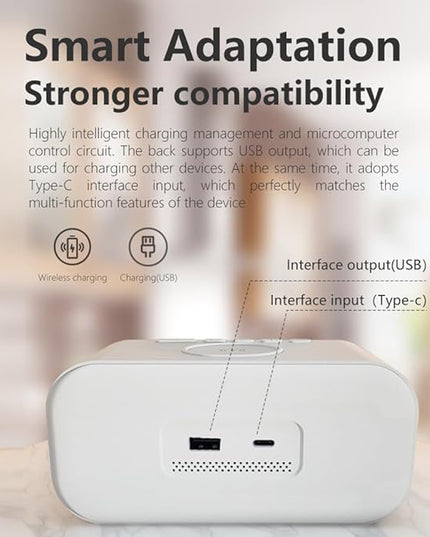 AYI 4in1 Smart Wireless Charging Alarm Clock with Mirror Display | 15W Fast Charger for Phone & Earbuds, 3 Group Alarms, Warm White/Yellow Night Light, Temperature Display Extra USB Port-White