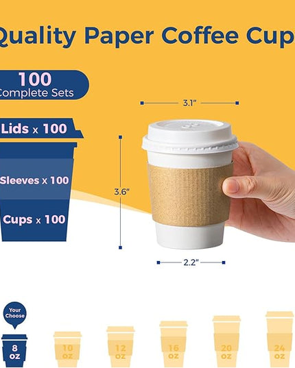 Fit Meal Prep 100 Pack 8 oz Disposable Coffee Cups with Lids, Sleeves, Leak-Proof To Go Coffee Cups with Lids, Durable Hot Paper Cups for Hot Cocoa and Coffee Bar Supplies