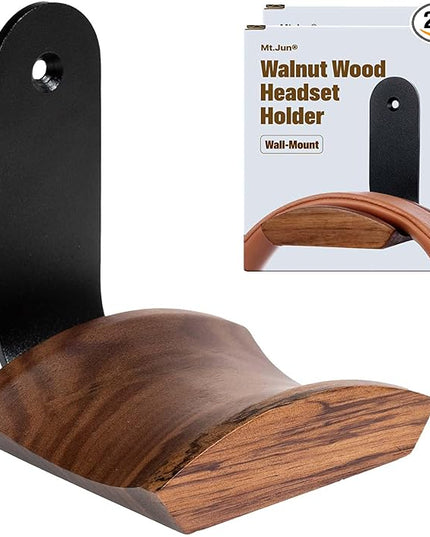 Wood Headphone Wall Mount Holder, with VHB Adhesive Tape and Screw, Holds 10 lbs (Black & Walnut Wood, 2 Pack)