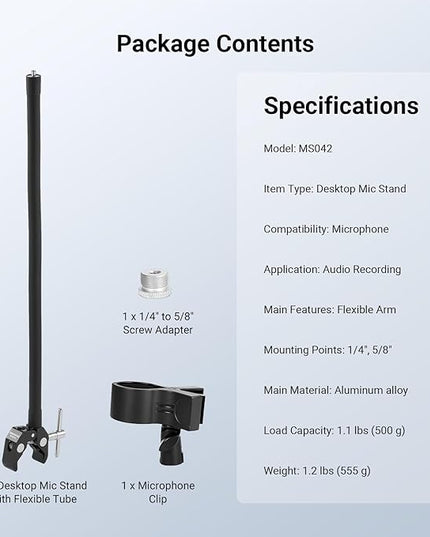 NEEWER Desktop Microphone Stand with Flexible Arm, Adjustable Desk Mic Clamp Holder Mount with Clip & 1/4" to 5/8" Adapter Compatible with Shure Razer Seiren Mini Audio Technica AT2020, MS042
