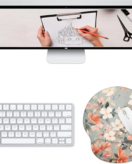 Ergonomic Mouse Pad Wrist Support, Flower Floral Gel Mouse Pads with Wrist Rest, Comfortable Pain Relief Mousepad with Non-Slip PU Base for Gaming Work Desk Accessories Office Decor