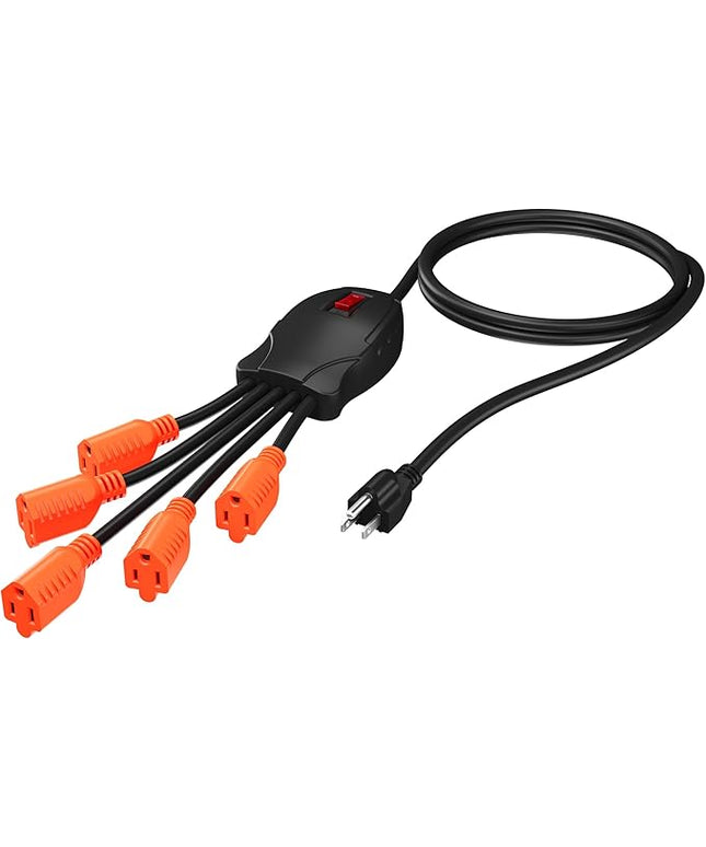 1 to 5 Outlet Power Squid Y Splitter 3 Ft Extension Cord with On/Off Switch, 3 Prong Multiplier Power Strip Surge Protector,Indicator&Resettable,14AWG 15A SJT for Lights Appliances Workshop Garage-ETL