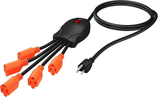 1 to 5 Outlet Power Squid Y Splitter 3 Ft Extension Cord with On/Off Switch, 3 Prong Multiplier Power Strip Surge Protector,Indicator&Resettable,14AWG 15A SJT for Lights Appliances Workshop Garage-ETL