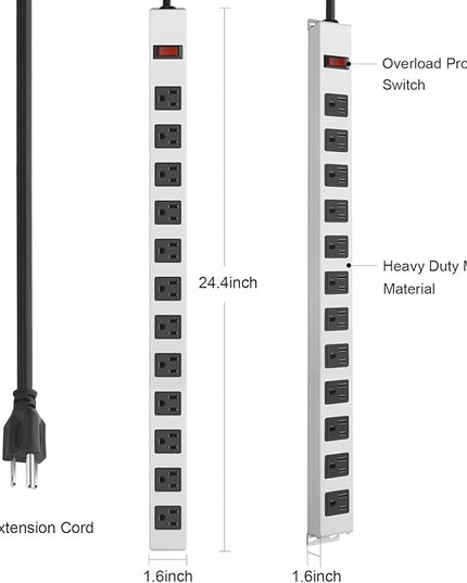 JUNNUJ Metal 12 Outlet Power Strip, Mountable Heavy Duty Power Strip, 1200J Surge Protector Wall Mount Screws Outlet with Switch, Gaming Desk Strips Wide Spaced 15A 125V 1875W, 6 FT 14AWG Power Cord