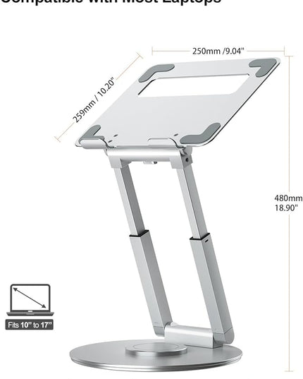tounee Telescopic Laptop Stand for Desk with 360° Swivel Base, Sit to Stand, Height Adjustable, Portable Riser Holder for Good Posture, Compatible with All Laptops 10-17"-Silver