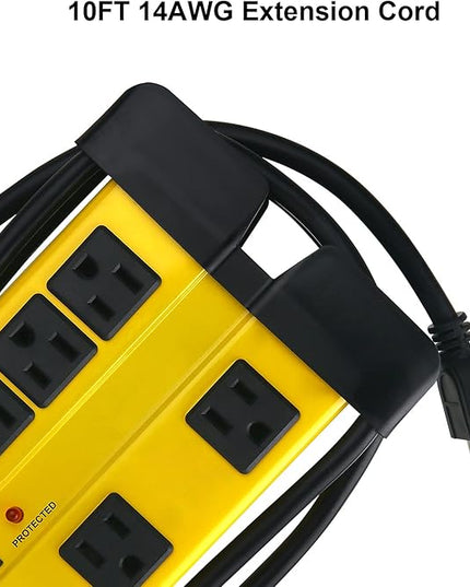 Heavy Duty Surge Protector for Appliances, 8 Outlet Workshop Power Strip with 1200 Joules, Metal with 10 FT Extension Cord and Wide Spaced. Yellow