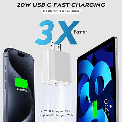 Fast USB C Charger Block,3Pack Long 6FT USBC to USBC Cable iPad Cord 20W iPhone 17 Pro Max Charger Travel Plug Fast Charging for iPhone 17/17 Air/17 Pro/16/16e/16 Pro/16Plus/15/15Pro/Pro Max/Plus,iPad