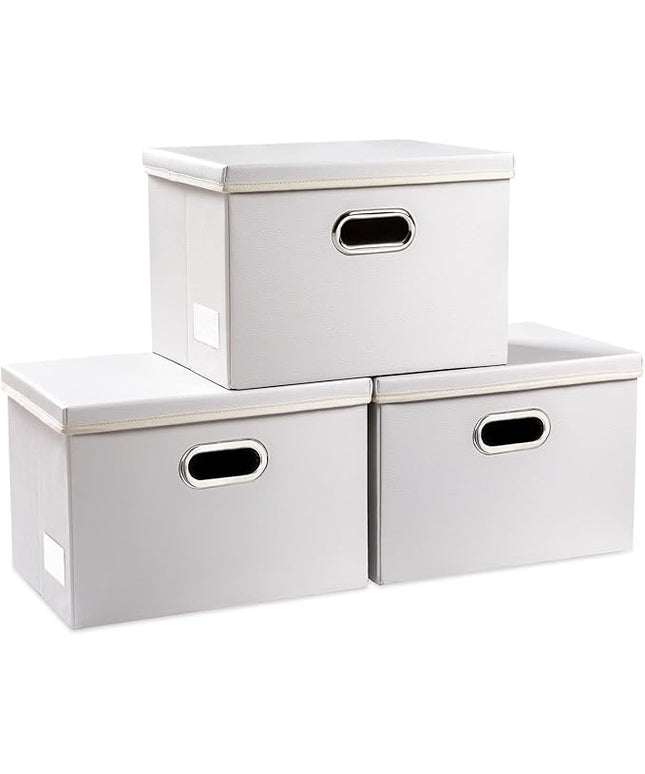 PRANDOM Collapsible Storage Bins with Lids [3-Pack] Leather Fabric Foldable Storage Boxes Organizer Containers Baskets Cube with Cover for Bedroom Closet Office Nursery White (14.9x10.8x10)