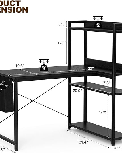 Grandder 40 Inch L Shaped Computer Desk with Reversible Storage Shelves, Home Office Corner Desk Study Writing Table with Hutch, Study, Black