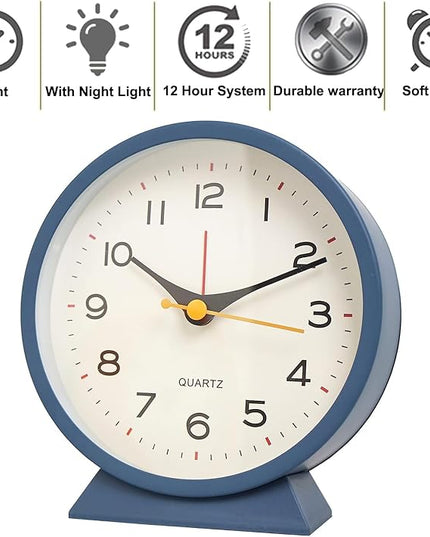 SHISEDECO 4.5" Battery Operated Antique Retro Analog Alarm Clock, Small Silent Bedside Deskclock with Light Function, Non-Ticking Tableclock for Living Room, Bedroom, Bedside, Shelf (Navy Blue)