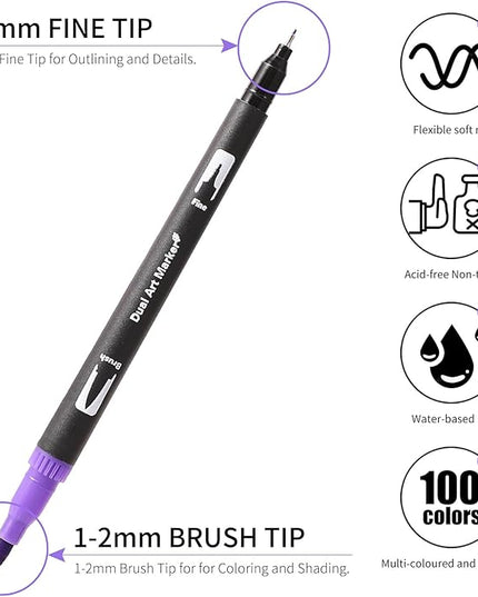 Dual Tip Markers, Brush Art Markers Set with Fine Tip and Brush Tip for Adult Coloring Book, Hand Lettering, Calligraphy & Drawing, Professional Art Supplies Kit for Adults (100 Colors)