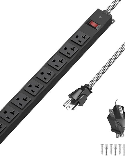 20 Amp Power Strip Heavy Duty, 12 Gauge Extension Cord for Appliance Workbench Garage Industrial, Metal 8 Outlets Combine with T-Plug Adapter 5-20R T-Slot, 1200J Surge Protector