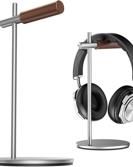Oak Headphone Stand, Wood Headset Stand for Desk, Universal Holder for Airpods max, Bose, Beats, Gaming, Apple Vision Pro, VR Display Stand (Silver)