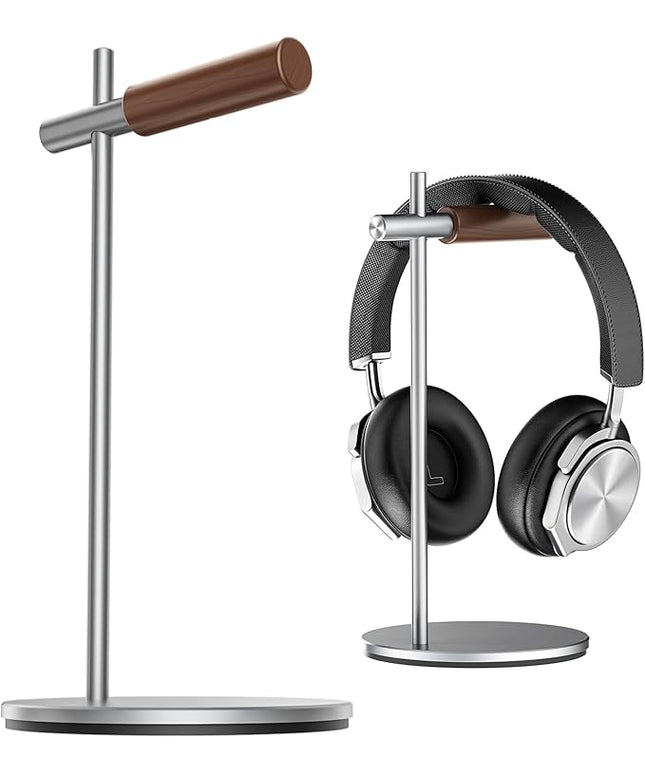 Oak Headphone Stand, Wood Headset Stand for Desk, Universal Holder for Airpods max, Bose, Beats, Gaming, Apple Vision Pro, VR Display Stand (Silver)