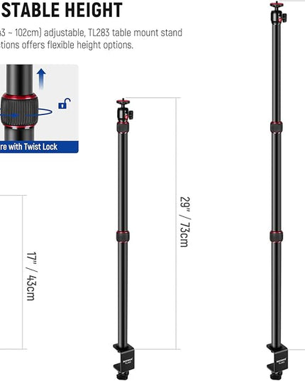 NEEWER Extendable Camera Desk Mount with Ball Head, 17"-40" Adjustable Table Light Stand with 1/4" Screw & C Clamp for DSLR Camera, Ring Light, Live Stream, Vlog, Max Load: 6.6lb/3kg, TL283 (RED)