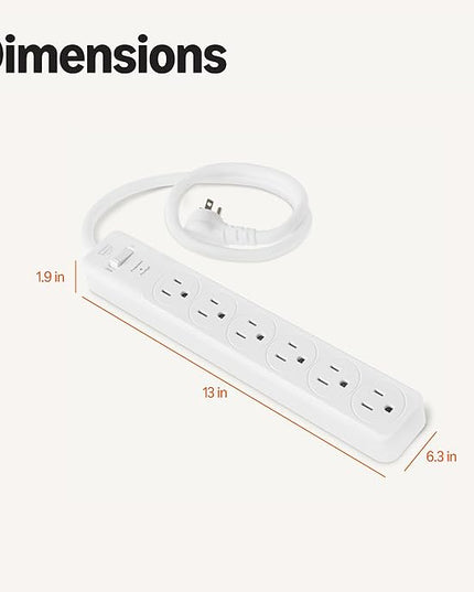 Amazon Basics Rectangle 6-Outlet Surge Protector Power Strip with Circuit Breaker, 600 Joule, 2ft Cord, White, 2-Pack