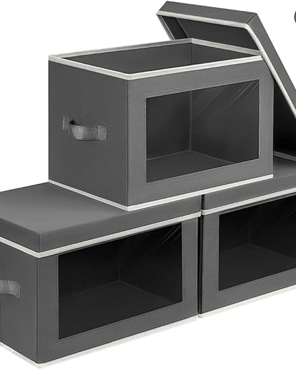 Collapsible Storage Bins with Lids - Stackable Storage Containers with Window, 3 Pack Fabric Bins for Closet, Home & Office Organization Baskets, Dark Gray, 14.9" x 9.8" x 9.8"