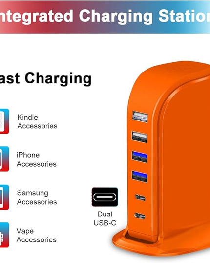 Upoy Dual USB C Charger Block, Charging Station for Multiple Devices 45W Total, USB Tower Hub Travel Ready, 6 Ports Charging Blocks for Guest Room, Office, Desk