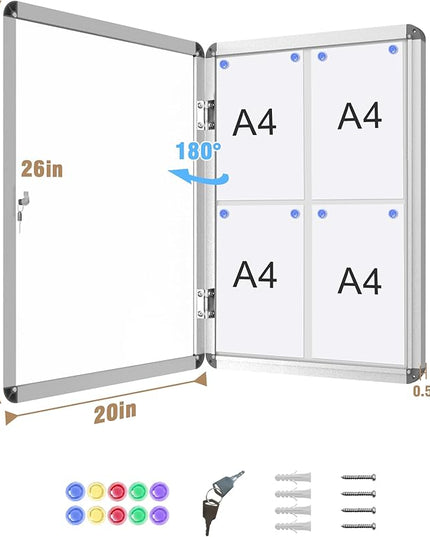 Mifuro 26"x20" Enclosed Bulletin Board, Lockable Weather-Resistant Aluminum Noticeboard for School & Office, Silver Frame w/Magentic Whiteboard