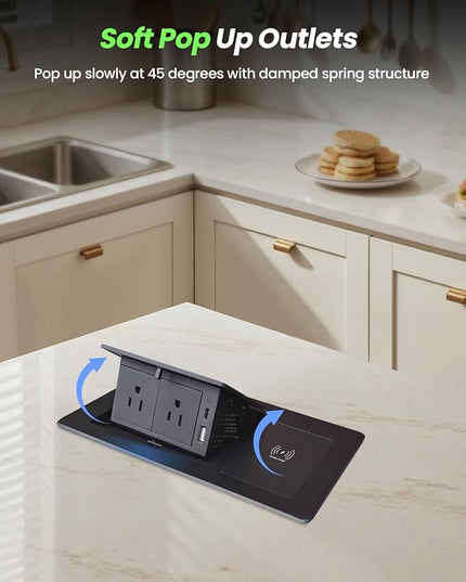 Conference Table Power Hub 15W Wireless Charger and PD20W Type-C Fast Charging, Pop up Outlet Desktop Connection Box with 2AC Outlets and USB Ports for Kitchen Countertop Conference Room, Black