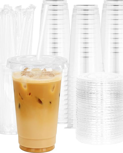 Coolcap 24 oz 100 Pack Disposable Clear Plastic Cups with Lids and Straws, Food Safe Bulk Iced Coffee Cups for Smoothies, Milkshakes and Other Cold Drinks