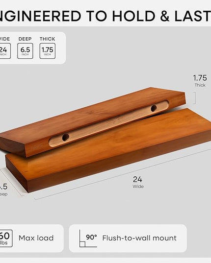Homeforia 24inch Oak Floating Shelf for Wall, High End Solid Real Wood 24 inches Long Floating Shelves for Bathroom, Honey Oak Wooden Floating Shelves, Heavy Duty Bracket, 24 X 6.5 X 1.75 in, Set of 2