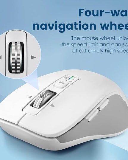 Wireless Bluetooth Mouse (USB + BT1 + BT2), Full Size, 4-Way Scrolling, Multi-Device Silent Mouse for Computer, Laptop, iPad, MacBook (White)