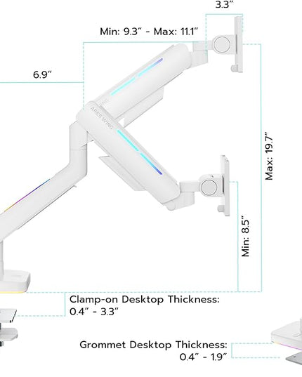 Ultrawide Monitor arm for 17-49'' Heavy Duty Screen up to 44lbs, Gas Spring Single Monitor Arm with RGB Light, Adjustable Gaming Computer Monitor Arm for Desk, White
