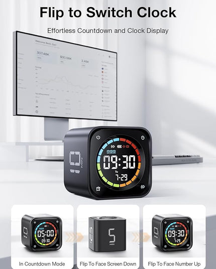 TK3 Pomodoro Timer Cube, Desk Productivity Timer with 5/10/30/60 Min Presets, Custom Countdown, Stopwatch, Clock, 3 Alarm, Silent, Vibrate & Sound Alert, for Task, ADHD, Study, Kitchen, Black