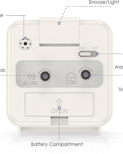 OQIMAX Analog Alarm Clocks, Non Ticking Table Clock with Luminous Hand & Large Display, Battery Powered Silent Bedside Alarm Clock with Night Light Function & Snooze, for Bedroom, Office (White)