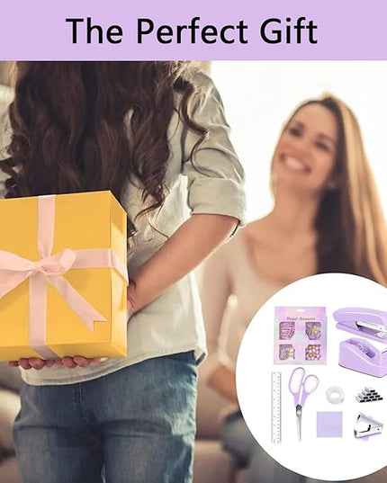 suniya Office Supplies,Desk Accessories,Tape Holder,Stapler,Scissor,Staple Remover,Box of Binder Clips,Staples,Ballpoint Pen,Sticky Notes,Clear Tape,Ruler,Office Supplies Set Purple