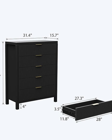 JZXSHD 43" 5 Drawer Dresser Tall Dresser Organizer TV Drawer Cabinet Modern Wood Storage Cabinet, Modern Wood Storage Cabinet for Bedroom, Hallway, Entryway, Black
