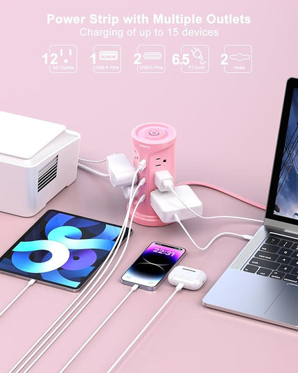 Tower Power Strip Surge Protector with 12 Outlets 3 USB Ports(2 Type C), 6.5 FT Ultra Flat Extension Cord with Multiple Outlets, Flat Plug Outlet Extender with Screw Wall Mount for Home Office Dorm