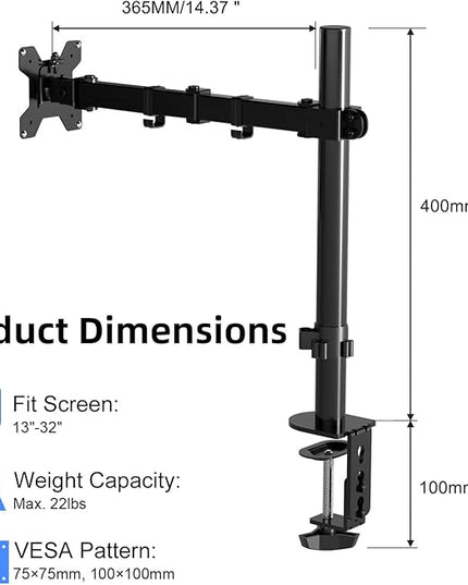Pholiten Single Monitor Arm Desk Mount, Holds Screens up to 32 inch,Holds Up to 22lbs,Fully Adjustable Stand with C-Clamp and Grommet Base,100x100 Vesa Monitor Stand
