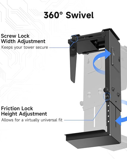 Suptek Adjustable Under Desk and Wall PC Mount,3.94 to 11.61 inch Wide Computer Case CPU Hanger Holder 360 Degree Rotatable Under-Desk PC Hanging Stand Holder Mount (ZJJ001L)