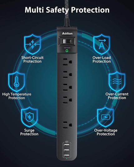 10Ft Long Surge Protector Power Strip - Extension Cord with Multiple Outlets, 5 Widely Outlets 3 USB Charging Ports, Flat Plug Overload Surge Protection, Wall Mount for Home, Office ETL Listed, 2 Pack