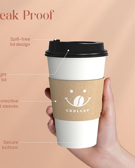 Coolcap Coffee Cups with Lids and Sleeves, 16 Ounce 100 pack To Go Coffee Cups with Lids, Disposable Hot Coffee Paper Cups Bulk for Hot Beverage (16 Ounce, White) | with Lids, and Sleeves, To Go Coffee Cups, with Lids, Bulk, for Hot Beverage