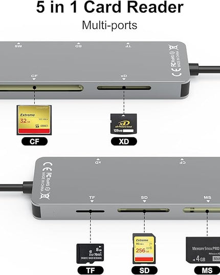 Memory Stick pro Duo Adapter - 5 in 1 SD/TF/MS/CF/XD Card Reader for PC/Android/Lightning Device, Aluminum Multi Memory Card Reader USB C Lightning OTG Adapter Memory Stick pro Duo Reader for iPhone