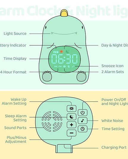 Dinosaurs Alarm Clock with Night Light for Kids with Sleep Training and Sound Machine, Rechargeable Silicone Lamp OK to Wake Clock，Cute Animal Tabletop Lamp, Perfect Sleep Companion for Boys Girls