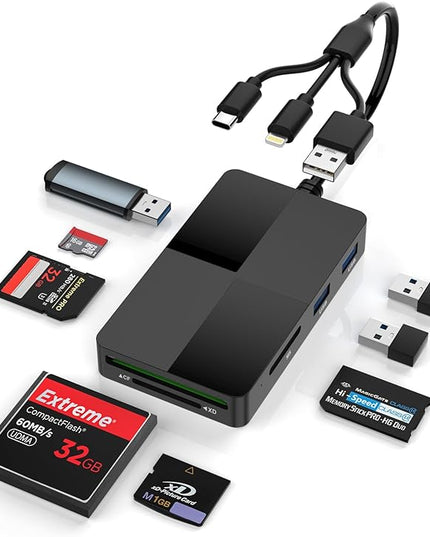 Memory Stick Pro Duo Adapter 8-in-1 Multi-Card Reader with SD/TF/MS/CF/XD Slots & 3 USB 2.0 Ports, Lightning+USB A+USB C Ports Memory Stick Pro Duo Reader for iPhone/iPad/Windows/MAC/Chrome OS