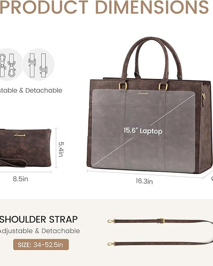LOVEVOOK Laptop Bag for Women, 15.6 Inch Laptop Tote Bag, Vintage Leather Work Bags for Women, Waterproof Computer bag with Clutch Purse, Large Capacity Briefcase, Business Office Bag